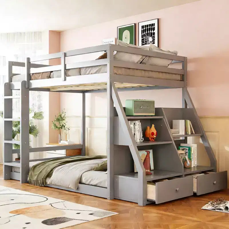 Luxystar Full Bunk Bed with Storage Shelves, 2 Drawers and Lights