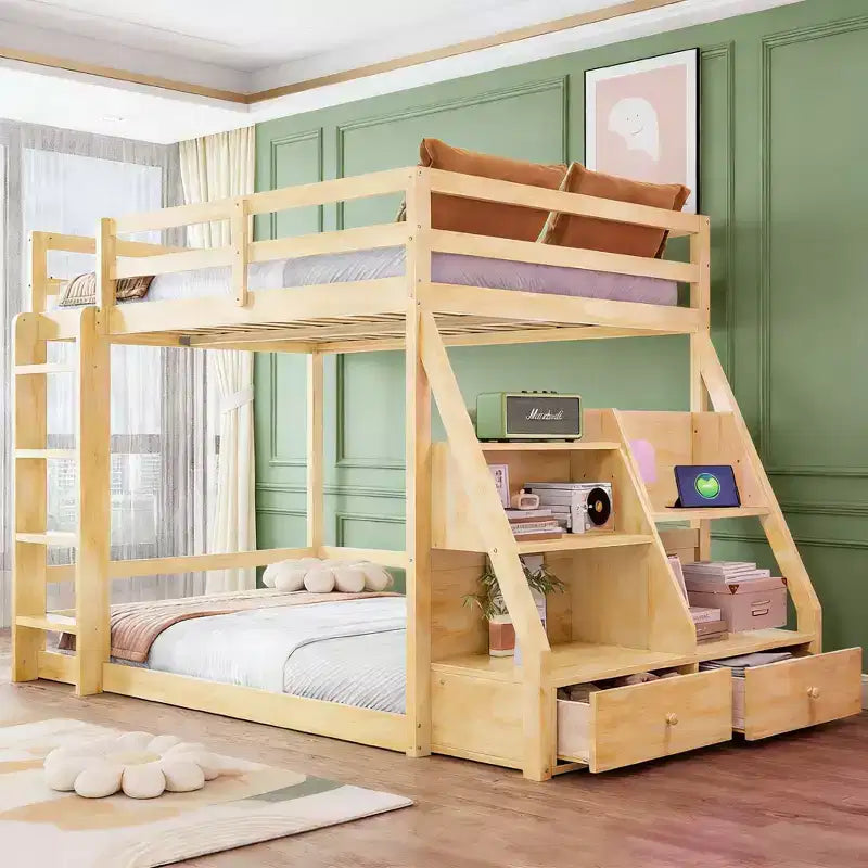 Luxystar Full Bunk Bed with Storage Shelves, 2 Drawers and Lights