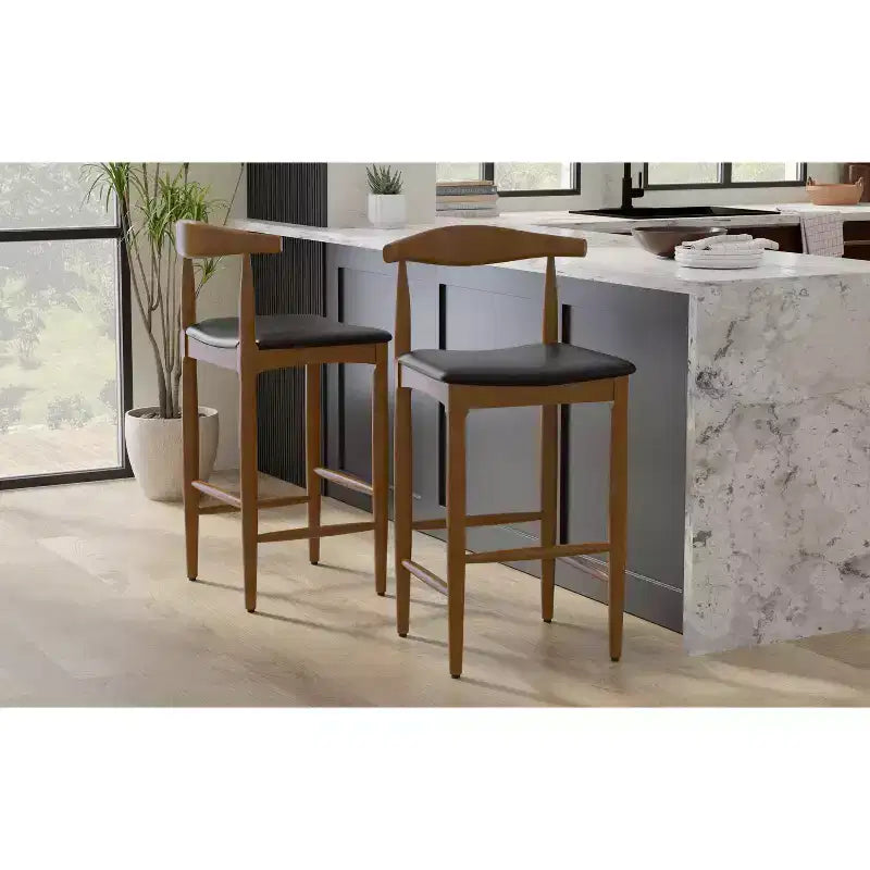 Angela Mid Century Modern Bar Stool in Faux Leather, Fully Assembled