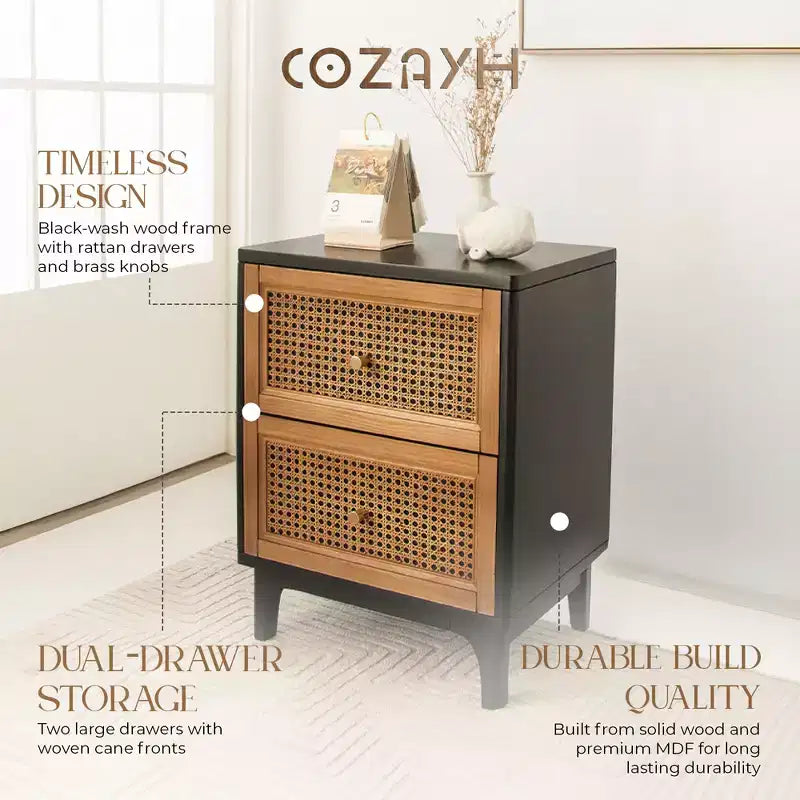 COZAYH Modern Farmhouse 2 Drawer Bedroom Nightstand, Bedside End Table with Single Compartment Storage and Weave Pattern Front, Black, Set of 2