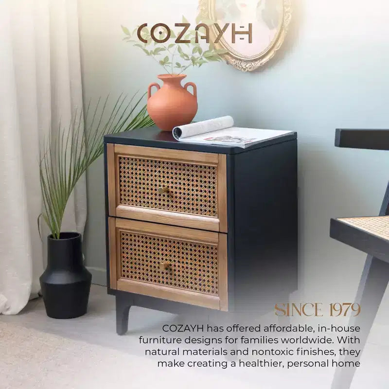 COZAYH Modern Farmhouse 2 Drawer Bedroom Nightstand, Bedside End Table with Single Compartment Storage and Weave Pattern Front, Black, Set of 2