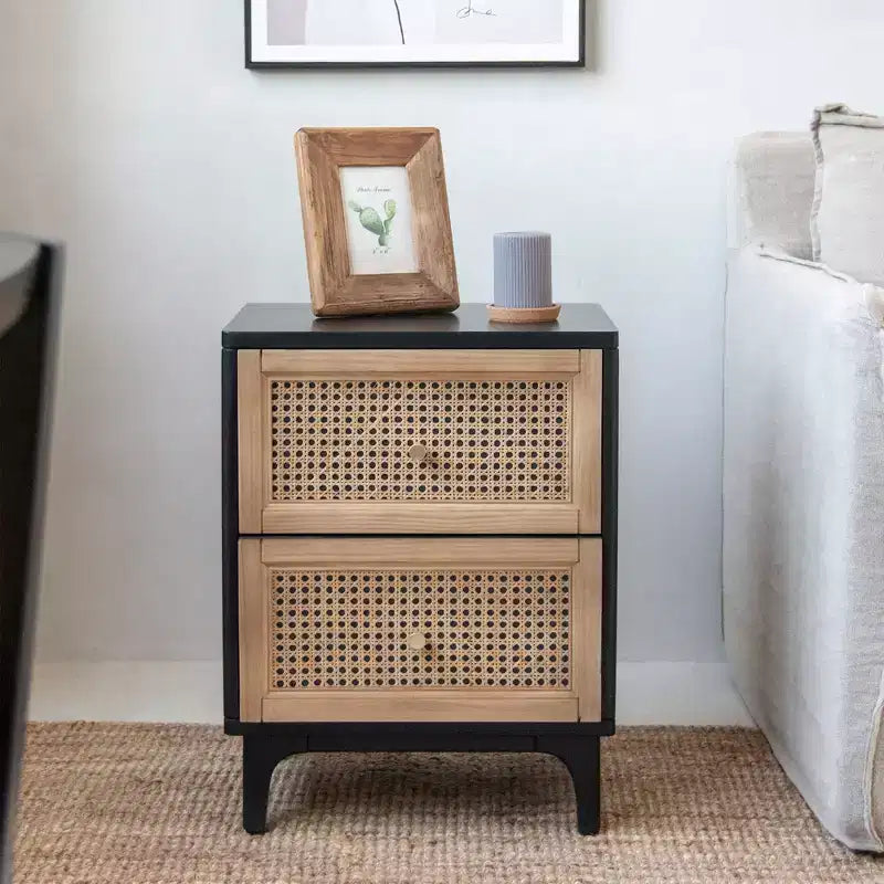 COZAYH Modern Farmhouse 2 Drawer Bedroom Nightstand, Bedside End Table with Single Compartment Storage and Weave Pattern Front, Black, Set of 2