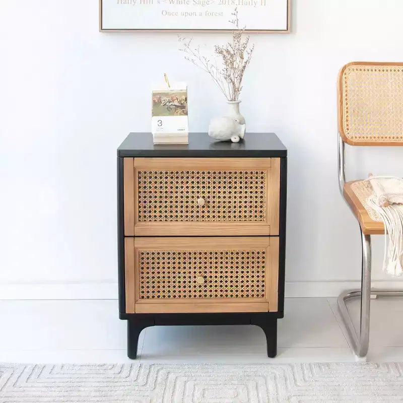 COZAYH Modern Farmhouse 2 Drawer Bedroom Nightstand, Bedside End Table with Single Compartment Storage and Weave Pattern Front, Black, Set of 2