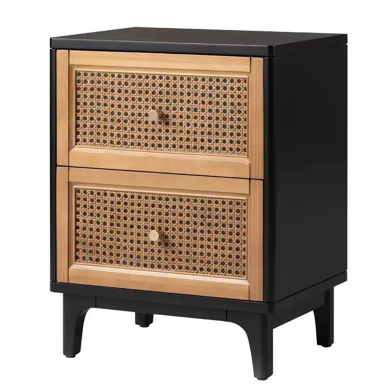 COZAYH Modern Farmhouse 2 Drawer Bedroom Nightstand, Bedside End Table with Single Compartment Storage and Weave Pattern Front, Black, Set of 2