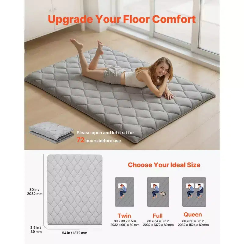 VEVOR Japanese Tatami Mat, Full Size Foldable Japanese Tatami Mattress, Futon Mattress with Storage Bag, 9-Layer Floor Mat, 80 x 54 x 3.5 in, Gray