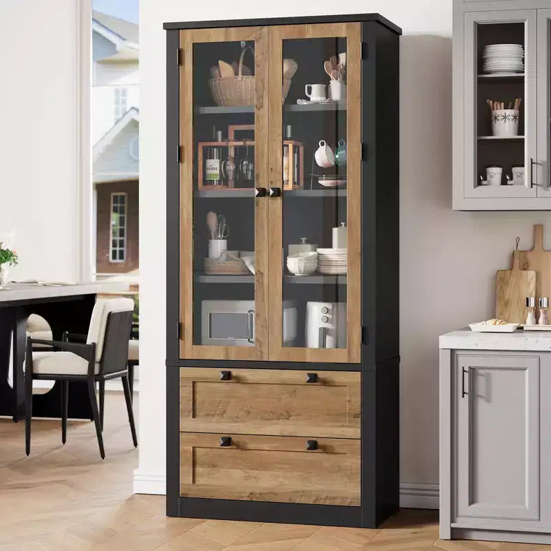 71 Tall Kitchen Pantry Cabinet - Modern Display Storage Cabinet with 2 Large Drawers, Glass Doors, and Adjustable Shelves,Farmhouse Kitchen Cupboard