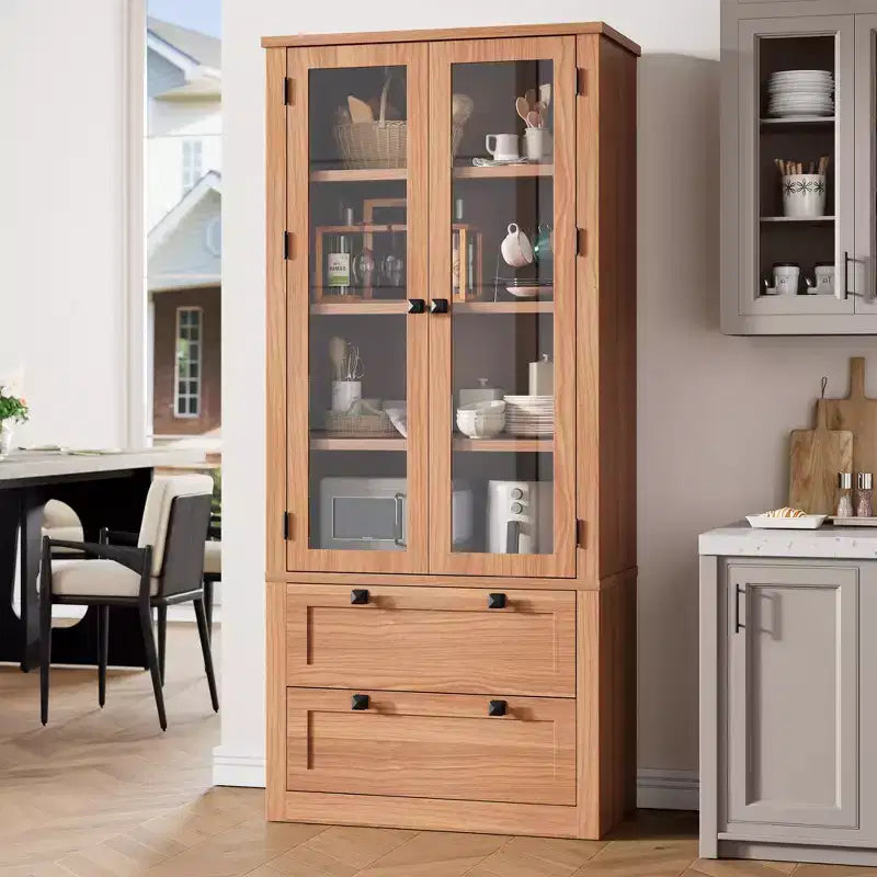 71 Tall Kitchen Pantry Cabinet - Modern Display Storage Cabinet with 2 Large Drawers, Glass Doors, and Adjustable Shelves,Farmhouse Kitchen Cupboard