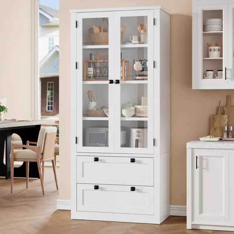 71 Tall Kitchen Pantry Cabinet - Modern Display Storage Cabinet with 2 Large Drawers, Glass Doors, and Adjustable Shelves,Farmhouse Kitchen Cupboard