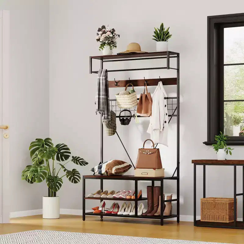 Hall Tree with Bench and Shoe Storage, 5 in 1 Entryway Shoe Bench with Coat rack, 39.37 Coat and Shoe Rack, Hanging Rod and 9 Hooks