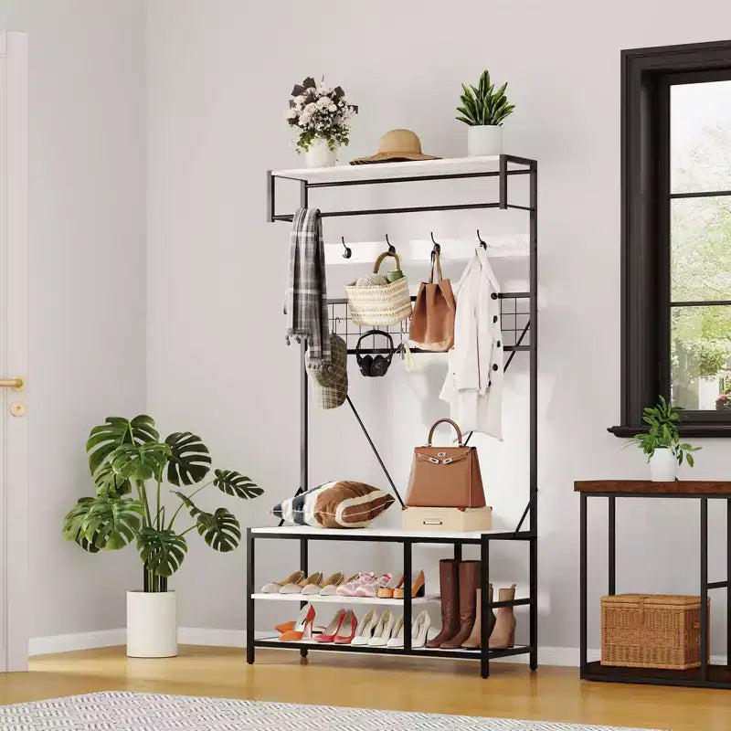 Hall Tree with Bench and Shoe Storage, 5 in 1 Entryway Shoe Bench with Coat rack, 39.37 Coat and Shoe Rack, Hanging Rod and 9 Hooks