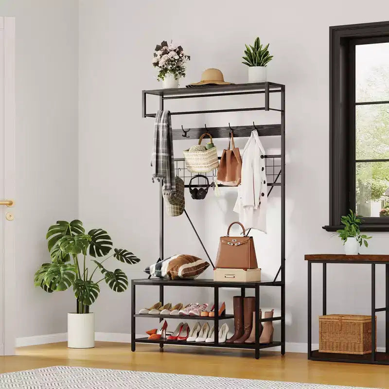 Hall Tree with Bench and Shoe Storage, 5 in 1 Entryway Shoe Bench with Coat rack, 39.37 Coat and Shoe Rack, Hanging Rod and 9 Hooks