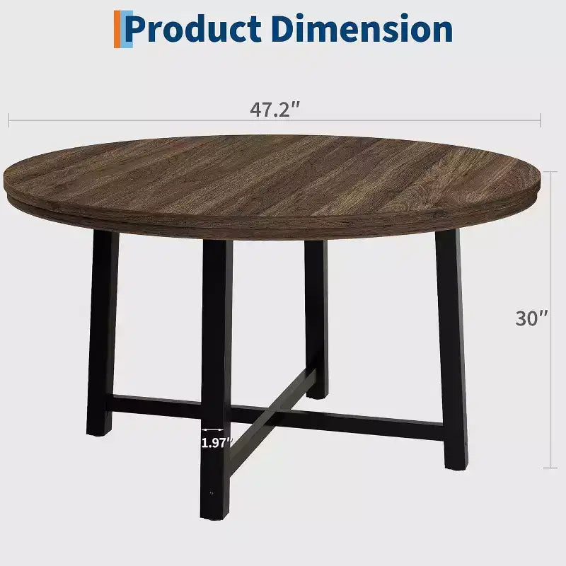 47 Wide Round Dining Table for 4, Kitchen Dining Room Table with Sturdy Metal Frame, Wood Circle Kitchen Table for Space Saving