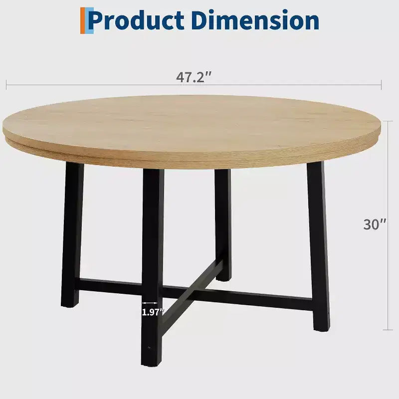 47 Wide Round Dining Table for 4, Kitchen Dining Room Table with Sturdy Metal Frame, Wood Circle Kitchen Table for Space Saving
