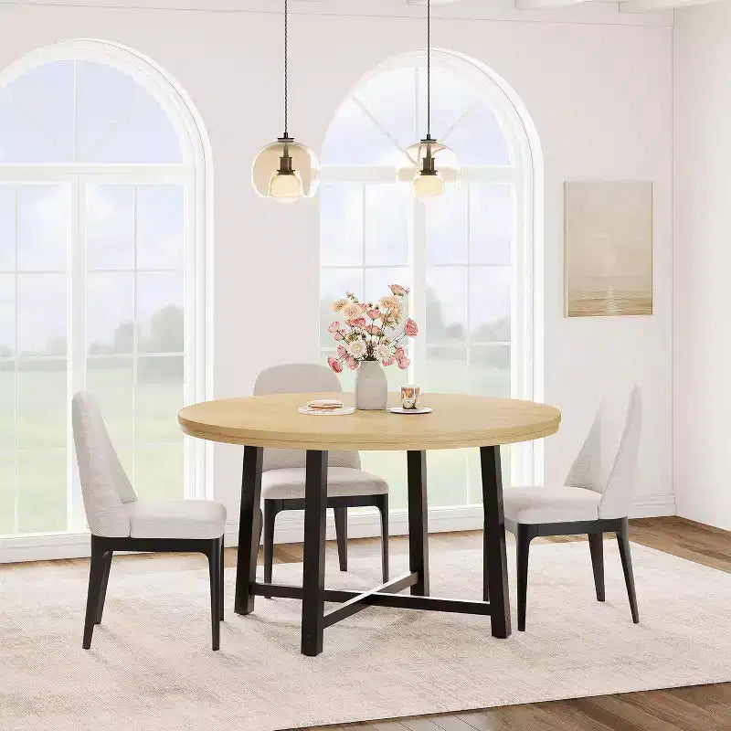 47 Wide Round Dining Table for 4, Kitchen Dining Room Table with Sturdy Metal Frame, Wood Circle Kitchen Table for Space Saving