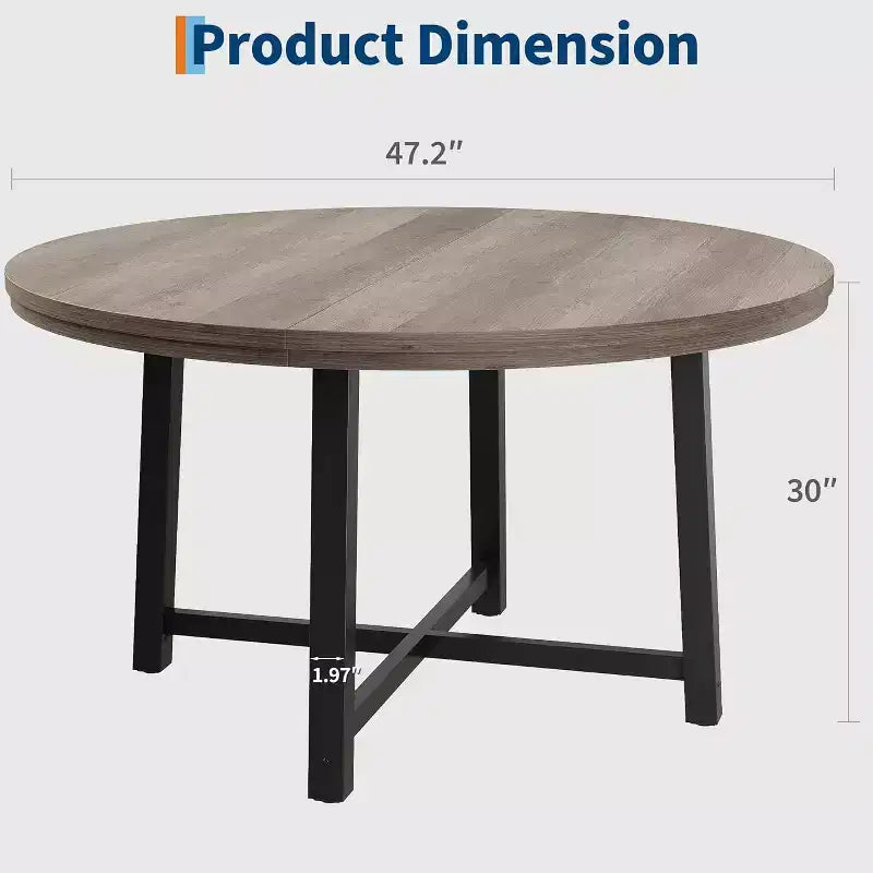 47 Wide Round Dining Table for 4, Kitchen Dining Room Table with Sturdy Metal Frame, Wood Circle Kitchen Table for Space Saving