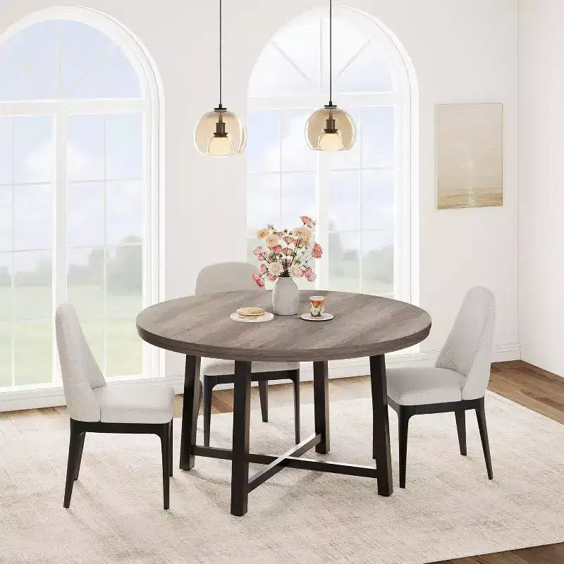 47 Wide Round Dining Table for 4, Kitchen Dining Room Table with Sturdy Metal Frame, Wood Circle Kitchen Table for Space Saving