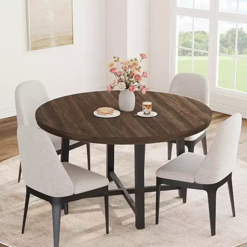 47 Wide Round Dining Table for 4, Kitchen Dining Room Table with Sturdy Metal Frame, Wood Circle Kitchen Table for Space Saving