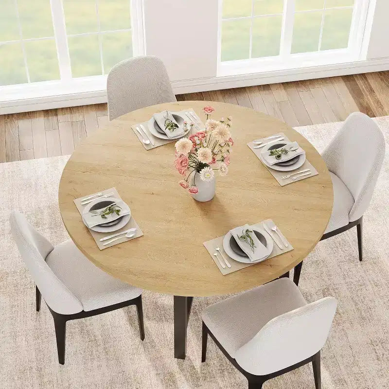 47 Wide Round Dining Table for 4, Kitchen Dining Room Table with Sturdy Metal Frame, Wood Circle Kitchen Table for Space Saving