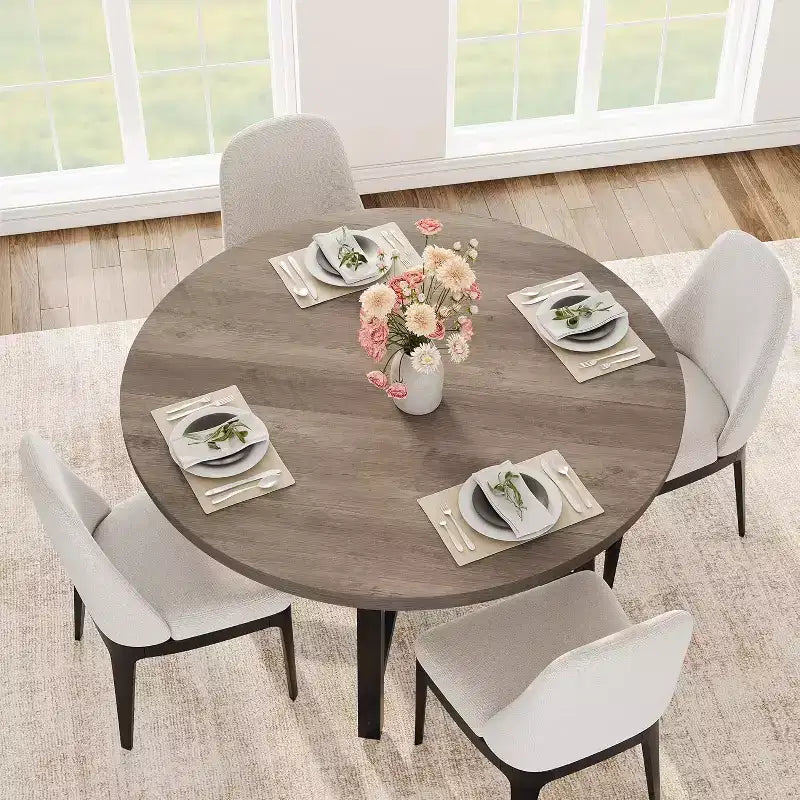 47 Wide Round Dining Table for 4, Kitchen Dining Room Table with Sturdy Metal Frame, Wood Circle Kitchen Table for Space Saving