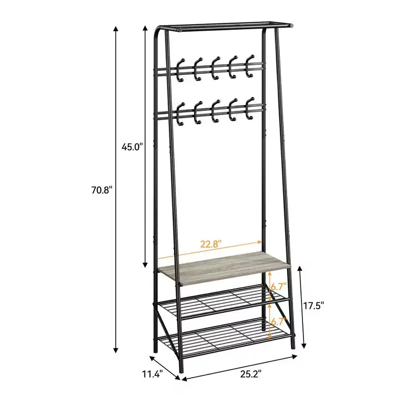 Modern Multi-Functional Hall Tree with Bench & Shoe Storage  5-Hook Coat Rack with Metal Frame & Wood Look for Entryway, Hallway, and Bedroom