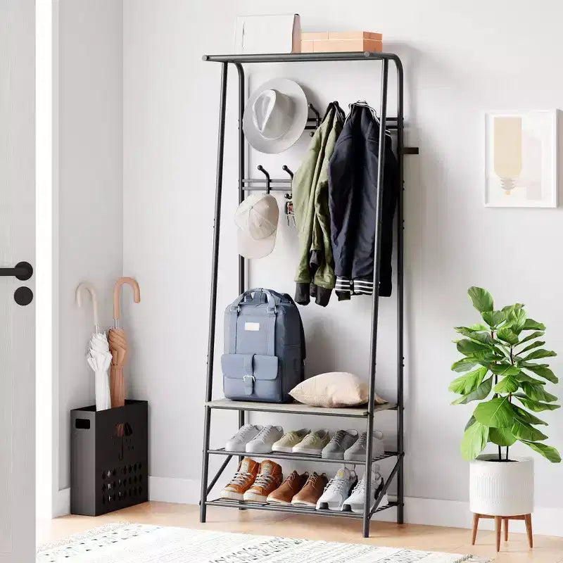 Modern Multi-Functional Hall Tree with Bench & Shoe Storage  5-Hook Coat Rack with Metal Frame & Wood Look for Entryway, Hallway, and Bedroom