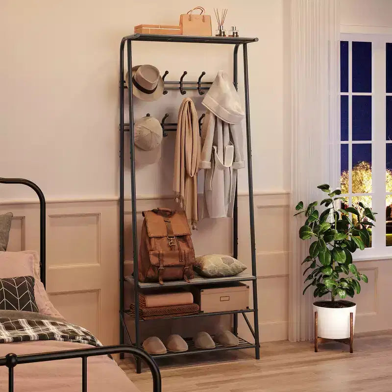 Modern Multi-Functional Hall Tree with Bench & Shoe Storage  5-Hook Coat Rack with Metal Frame & Wood Look for Entryway, Hallway, and Bedroom