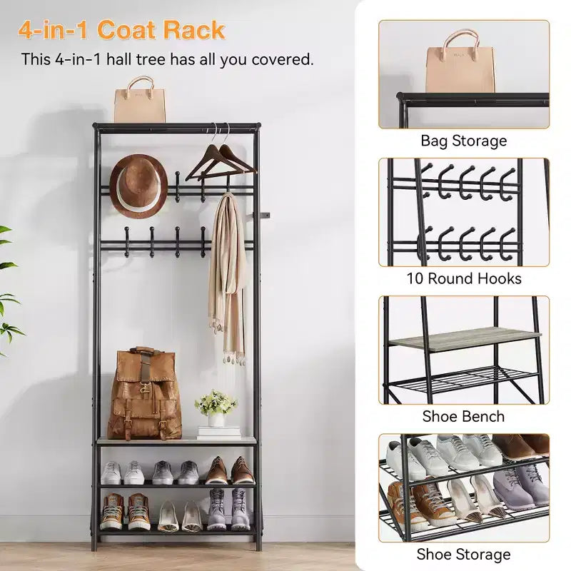 Modern Multi-Functional Hall Tree with Bench & Shoe Storage  5-Hook Coat Rack with Metal Frame & Wood Look for Entryway, Hallway, and Bedroom