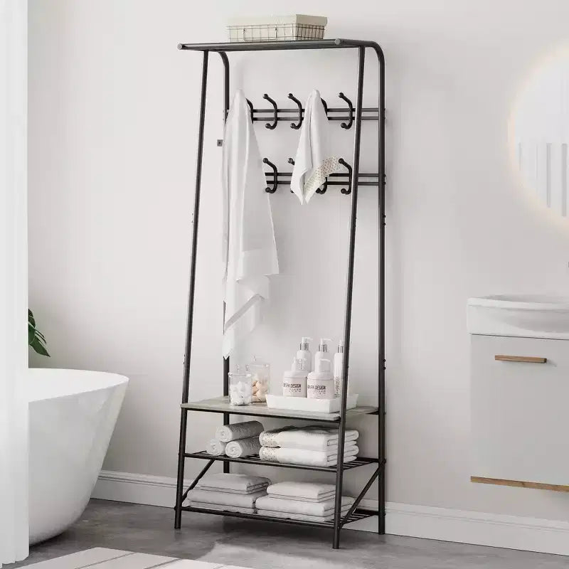 Modern Multi-Functional Hall Tree with Bench & Shoe Storage  5-Hook Coat Rack with Metal Frame & Wood Look for Entryway, Hallway, and Bedroom