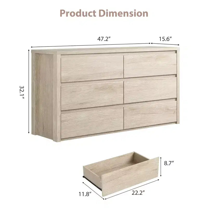 6-Drawer Wide Wood Dresser - Handle-Free Modern Storage Cabinet for Bedroom, Living Room, Hallway & Entryway, Large Chest of Drawers