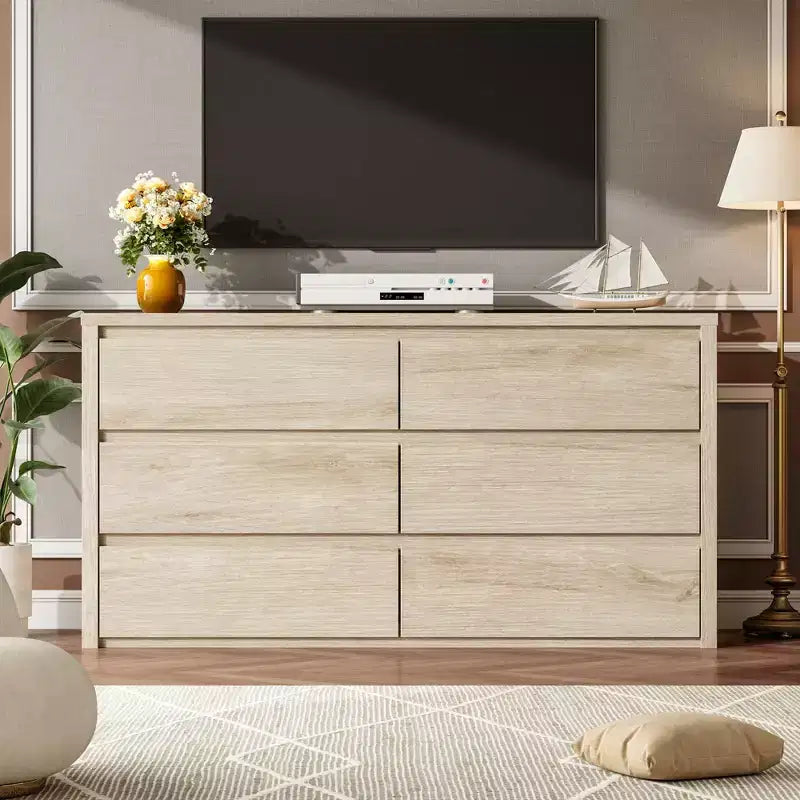 6-Drawer Wide Wood Dresser - Handle-Free Modern Storage Cabinet for Bedroom, Living Room, Hallway & Entryway, Large Chest of Drawers
