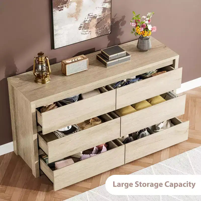 6-Drawer Wide Wood Dresser - Handle-Free Modern Storage Cabinet for Bedroom, Living Room, Hallway & Entryway, Large Chest of Drawers