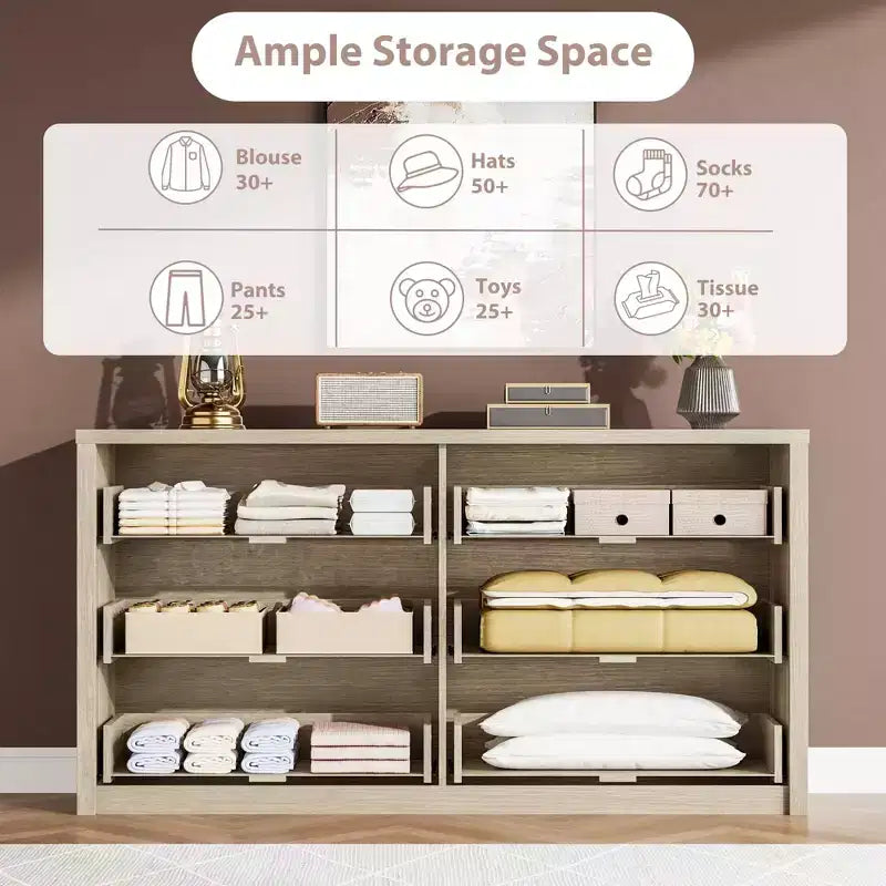 6-Drawer Wide Wood Dresser - Handle-Free Modern Storage Cabinet for Bedroom, Living Room, Hallway & Entryway, Large Chest of Drawers