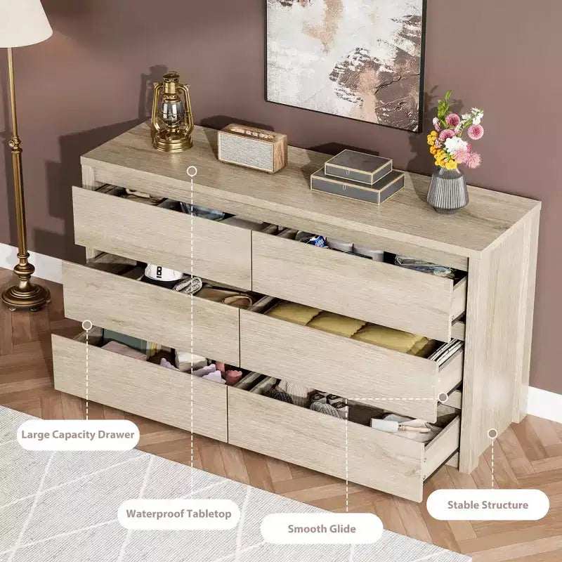 6-Drawer Wide Wood Dresser - Handle-Free Modern Storage Cabinet for Bedroom, Living Room, Hallway & Entryway, Large Chest of Drawers