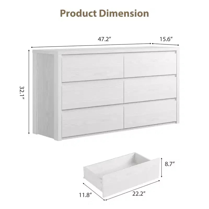 6-Drawer Wide Wood Dresser - Handle-Free Modern Storage Cabinet for Bedroom, Living Room, Hallway & Entryway, Large Chest of Drawers