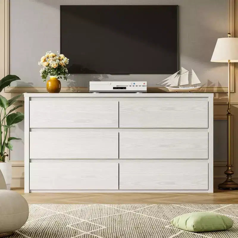 6-Drawer Wide Wood Dresser - Handle-Free Modern Storage Cabinet for Bedroom, Living Room, Hallway & Entryway, Large Chest of Drawers