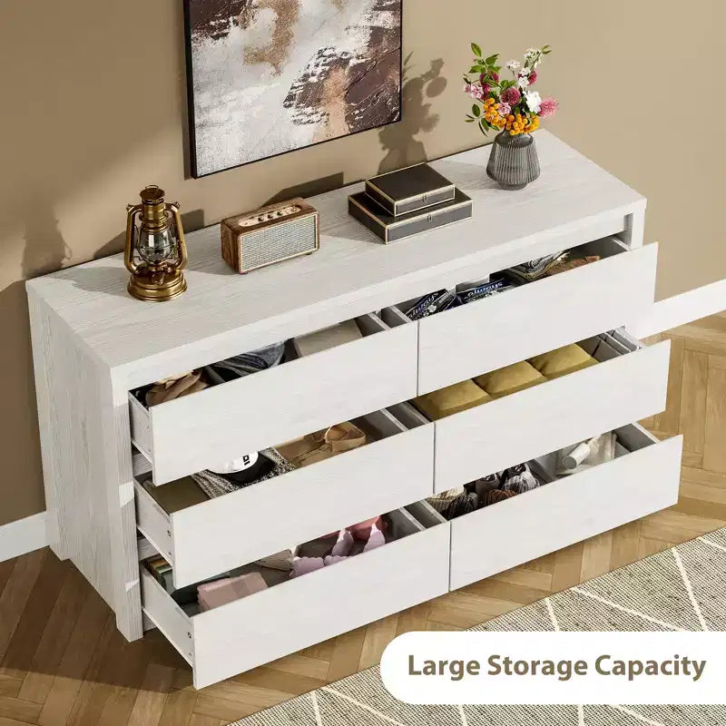 6-Drawer Wide Wood Dresser - Handle-Free Modern Storage Cabinet for Bedroom, Living Room, Hallway & Entryway, Large Chest of Drawers
