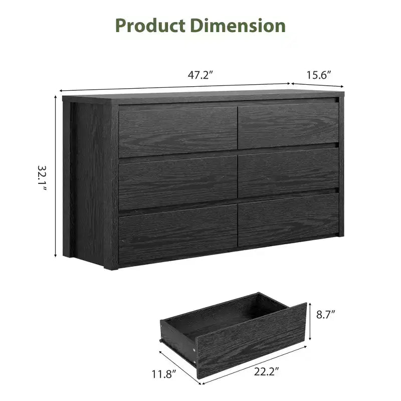 6-Drawer Wide Wood Dresser - Handle-Free Modern Storage Cabinet for Bedroom, Living Room, Hallway & Entryway, Large Chest of Drawers