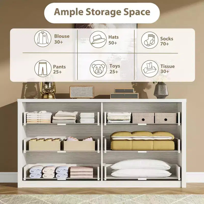 6-Drawer Wide Wood Dresser - Handle-Free Modern Storage Cabinet for Bedroom, Living Room, Hallway & Entryway, Large Chest of Drawers