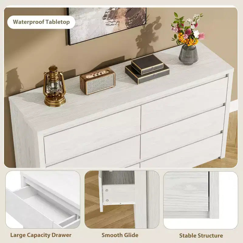 6-Drawer Wide Wood Dresser - Handle-Free Modern Storage Cabinet for Bedroom, Living Room, Hallway & Entryway, Large Chest of Drawers