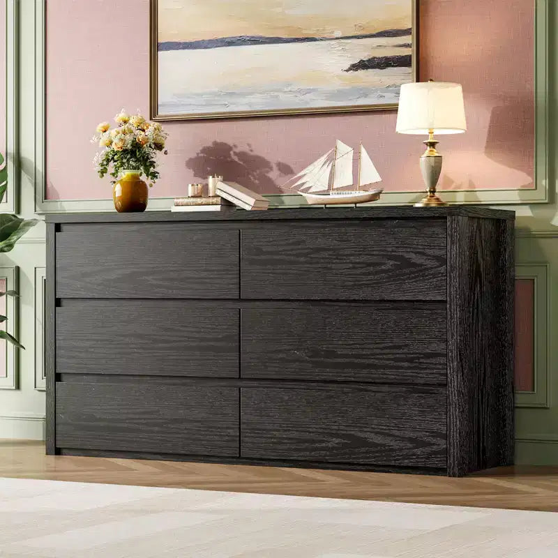 6-Drawer Wide Wood Dresser - Handle-Free Modern Storage Cabinet for Bedroom, Living Room, Hallway & Entryway, Large Chest of Drawers