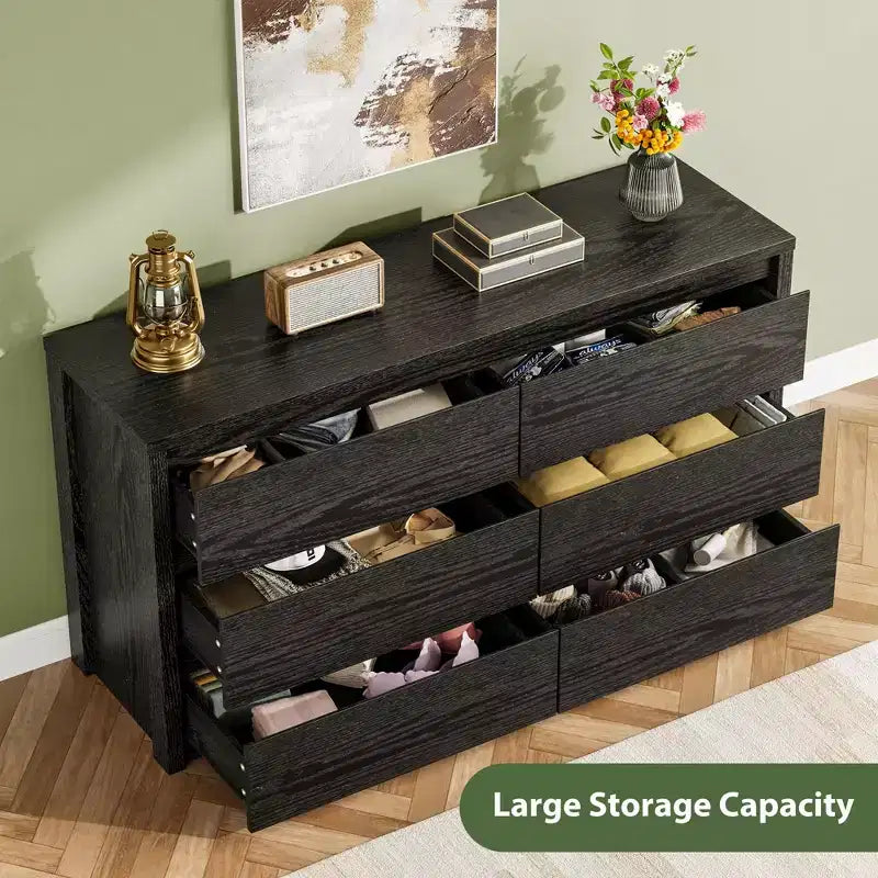 6-Drawer Wide Wood Dresser - Handle-Free Modern Storage Cabinet for Bedroom, Living Room, Hallway & Entryway, Large Chest of Drawers