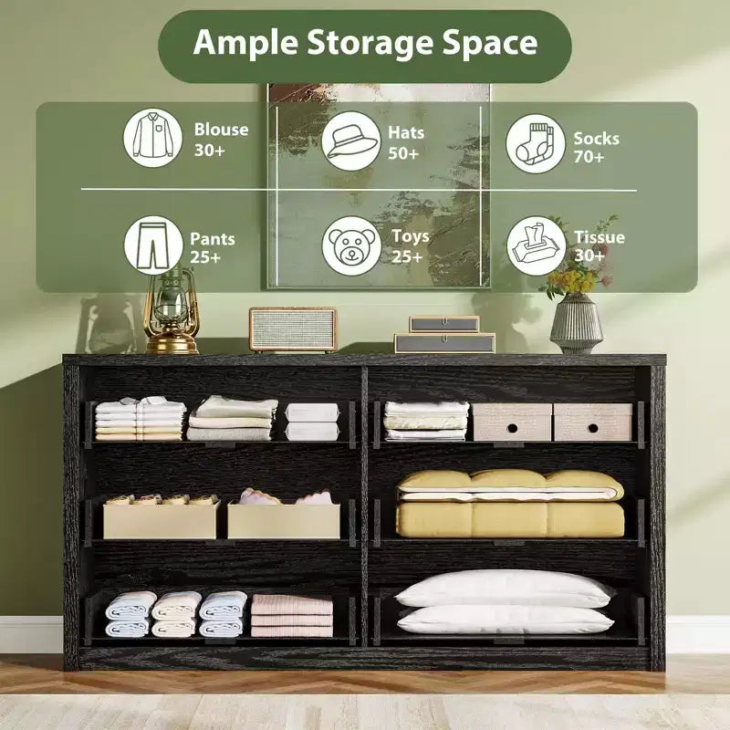 6-Drawer Wide Wood Dresser - Handle-Free Modern Storage Cabinet for Bedroom, Living Room, Hallway & Entryway, Large Chest of Drawers