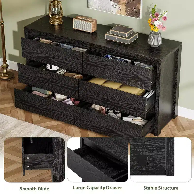 6-Drawer Wide Wood Dresser - Handle-Free Modern Storage Cabinet for Bedroom, Living Room, Hallway & Entryway, Large Chest of Drawers