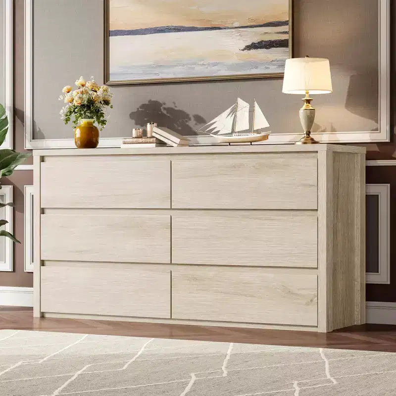 6-Drawer Wide Wood Dresser - Handle-Free Modern Storage Cabinet for Bedroom, Living Room, Hallway & Entryway, Large Chest of Drawers