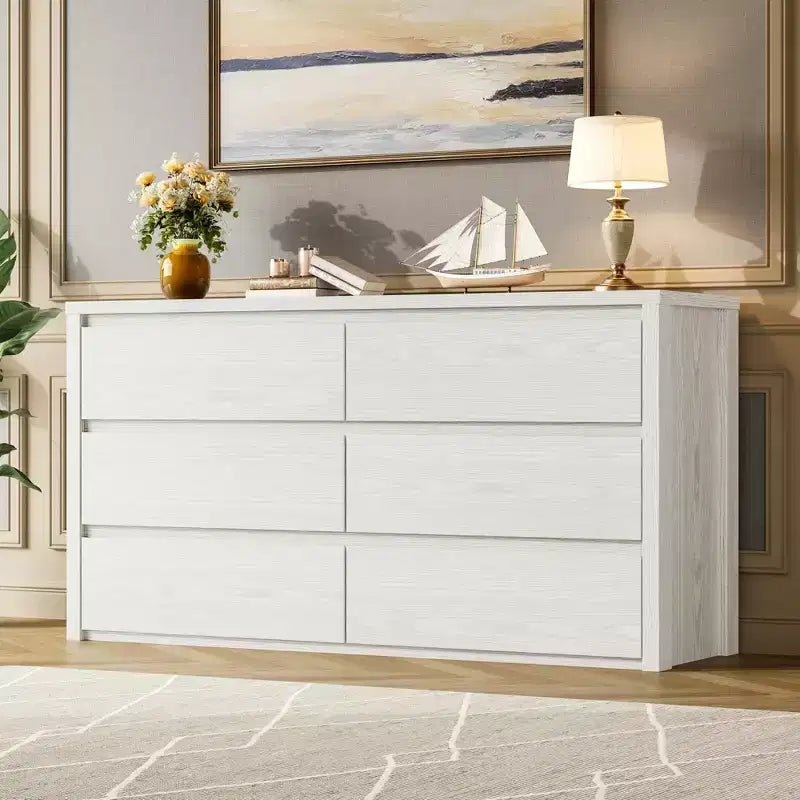 6-Drawer Wide Wood Dresser - Handle-Free Modern Storage Cabinet for Bedroom, Living Room, Hallway & Entryway, Large Chest of Drawers