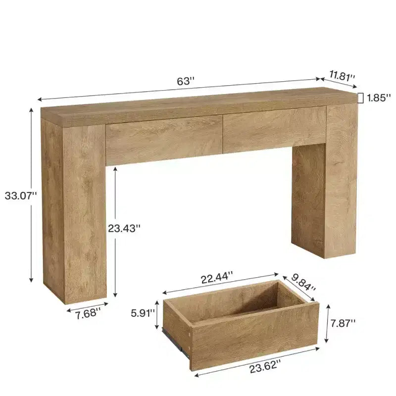 GDFStudio Bristol 63-Inch Wood Grain Console Table with Hidden Drawers
