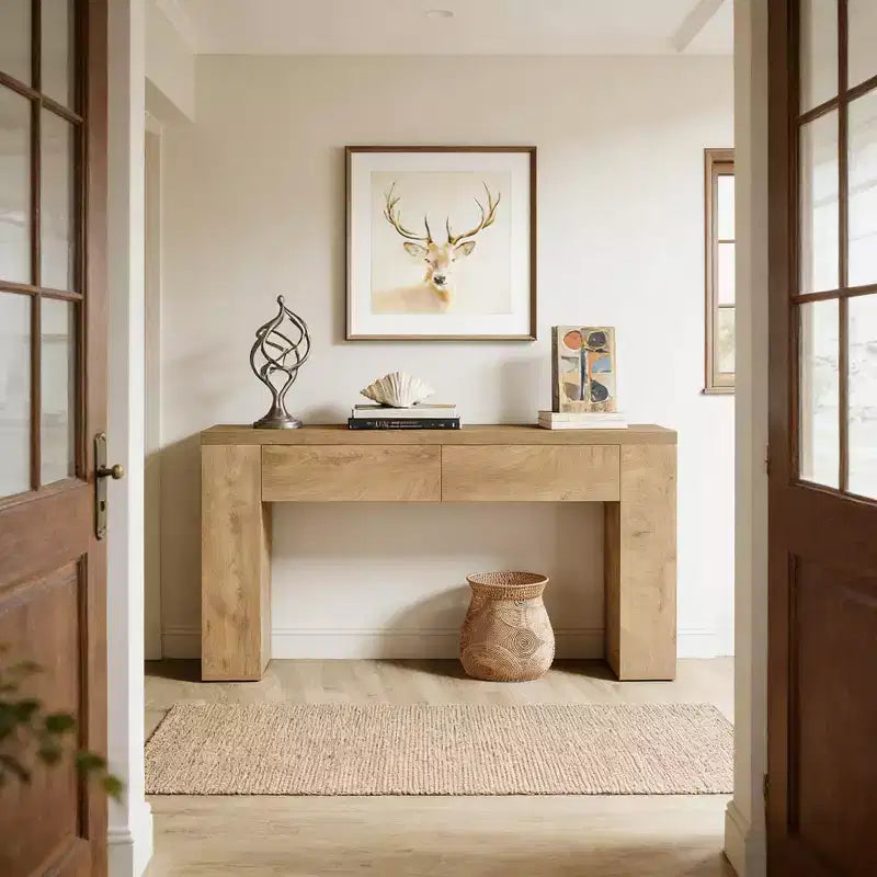 GDFStudio Bristol 63-Inch Wood Grain Console Table with Hidden Drawers