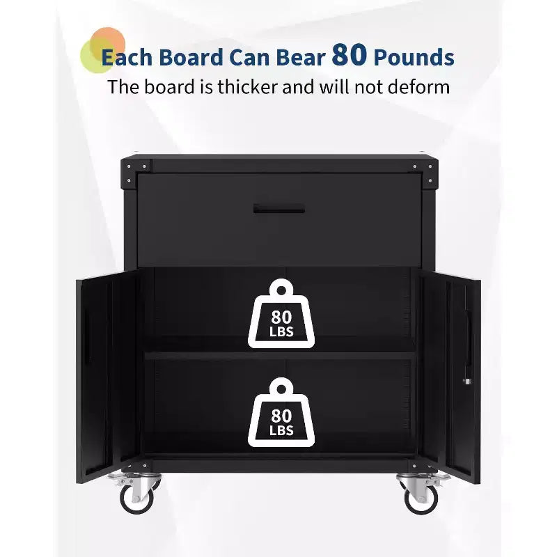 Garvee 35.4 Metal Storage Cabinet, Heavy Duty Rolling Tool Cabinet with 2 Doors and Drawer for Home, Office, Black