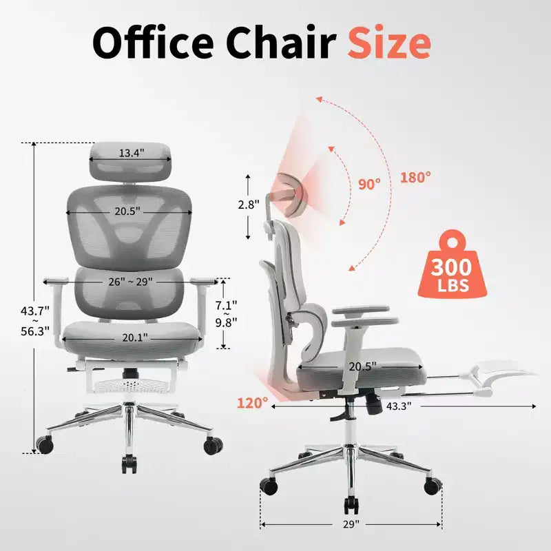 Ergonomic Mesh Office Chair  High Back, Adjustable Lumbar Support, Padded Headrest & Footrest, Wide Breathable Seat, Swivel Computer Desk Chair
