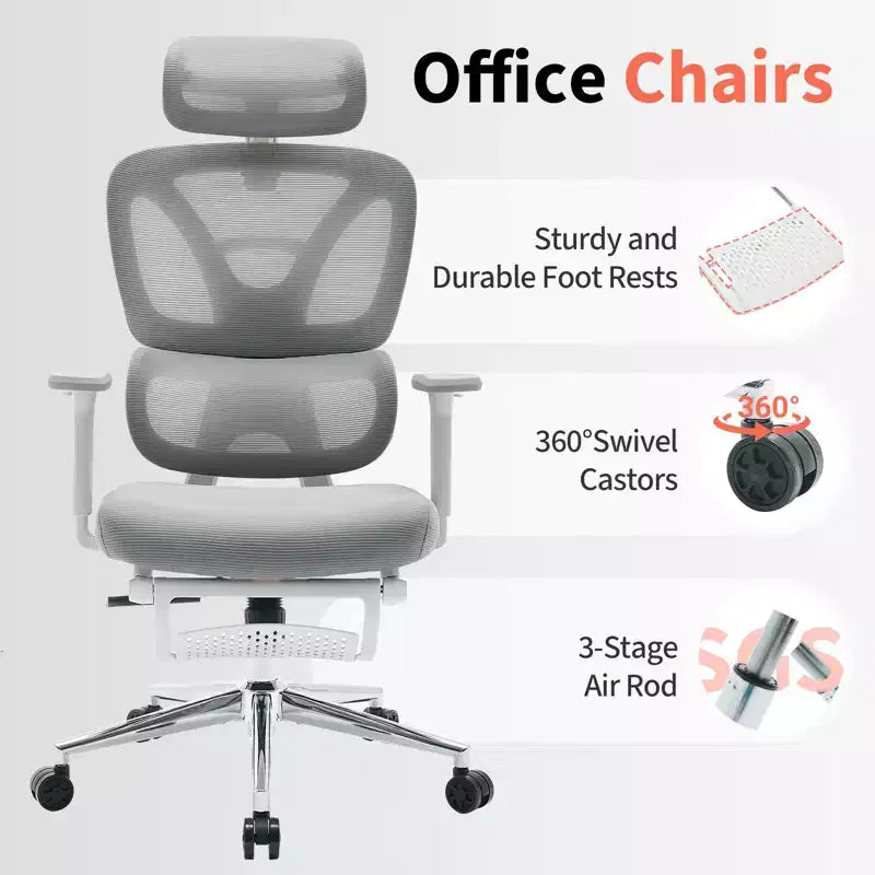 Ergonomic Mesh Office Chair  High Back, Adjustable Lumbar Support, Padded Headrest & Footrest, Wide Breathable Seat, Swivel Computer Desk Chair